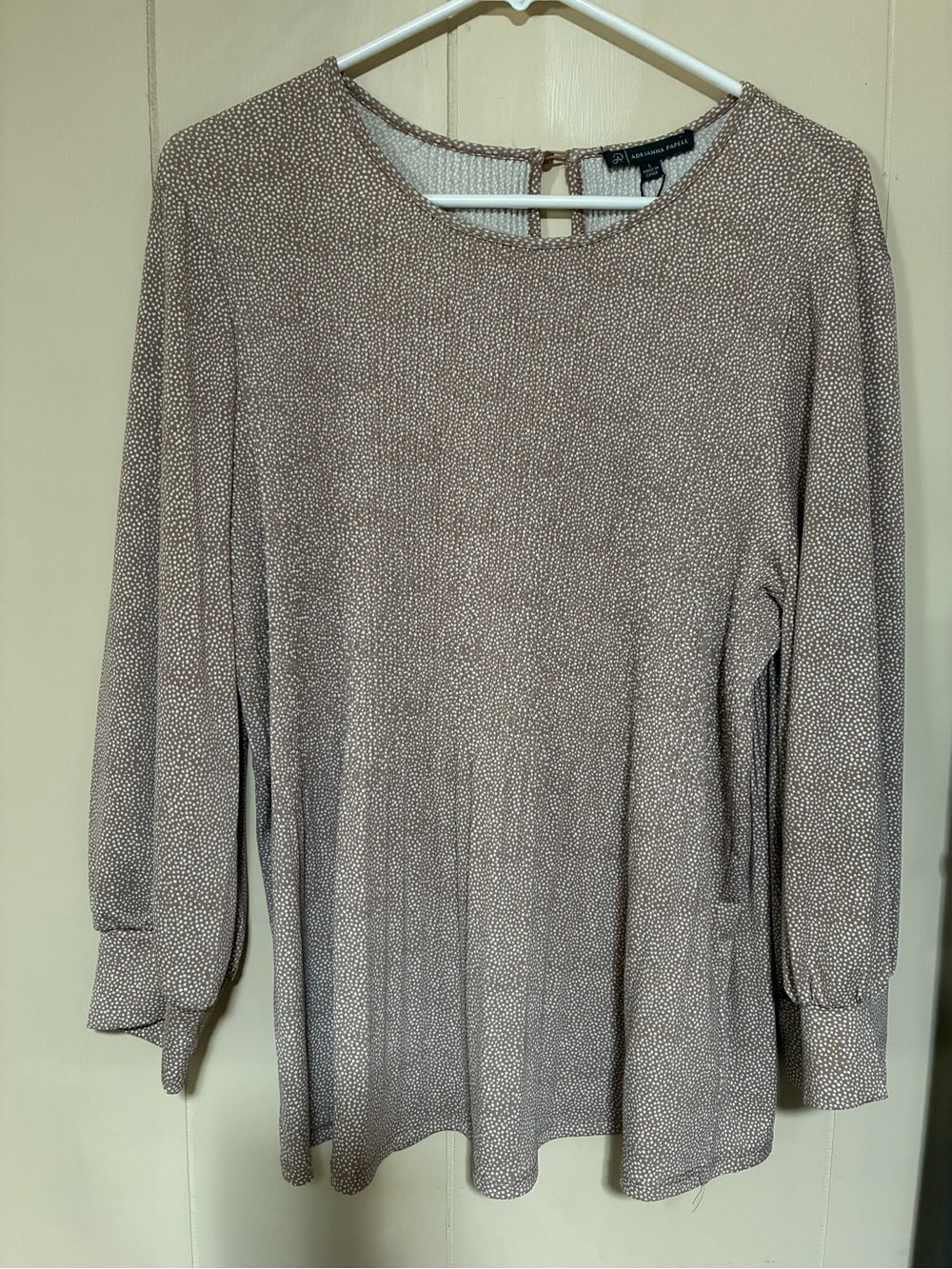 Adrianna Papell Taupe Dot-Print Long Sleeve Knit Pleated Blouse NWT - Large
